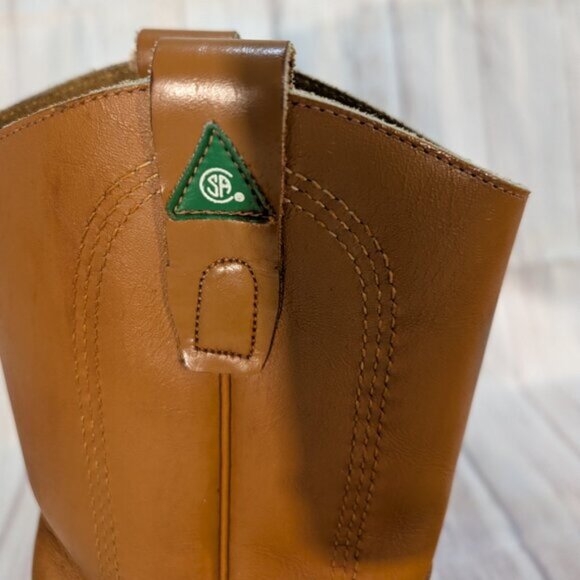 Vintage Tan Leather Safety Toe Pull-On Cowboy Boots with Vibram Soles